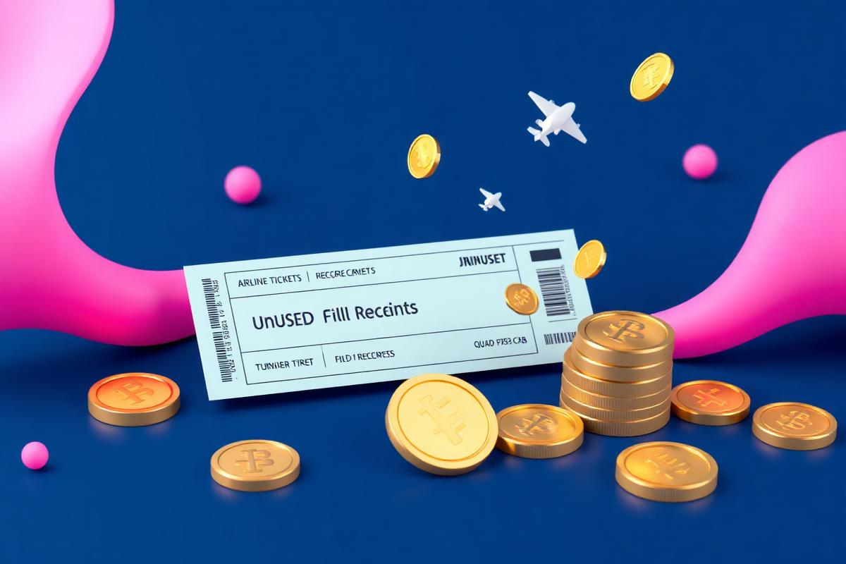 Unused tickets: an airline ticket next to coins, representing credits from canceled trips recovered before they expire