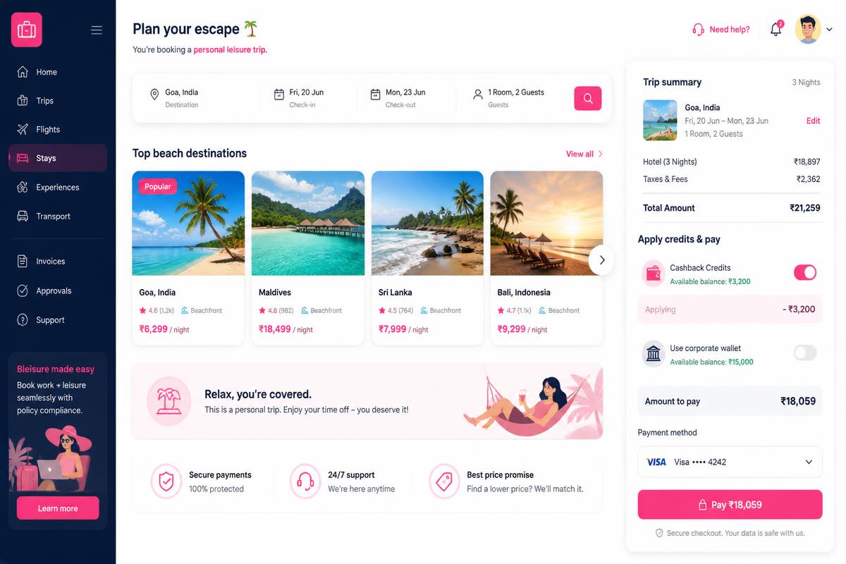 Portal bleisure con reserva de viaje personal pagada con créditos de cashback corporativo