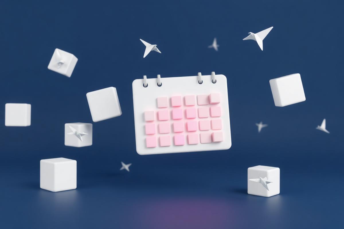 Calendário de tarifas: calendário com os dias mais baratos destacados em rosa e aviões de papel indicando as melhores datas para viajar