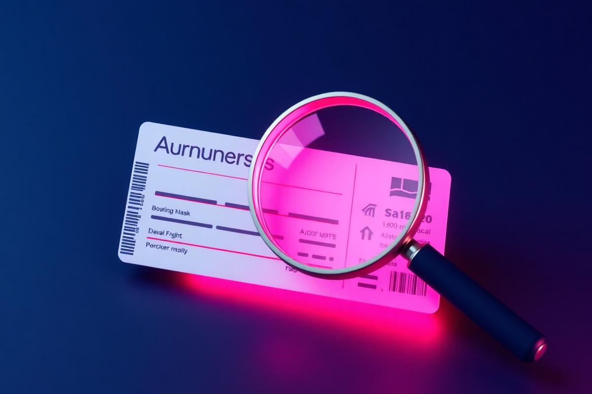 Fare X-ray: a magnifying glass over a boarding pass showing the breakdown of price — fare, taxes and agency fees