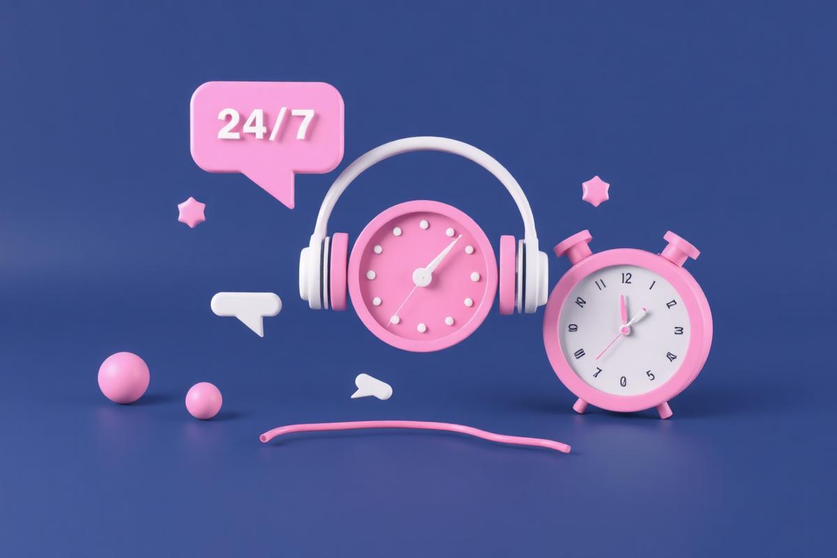 Suporte 24x7: headset, balões de conversa e relógio representando atendimento humano a viajantes a qualquer hora do dia