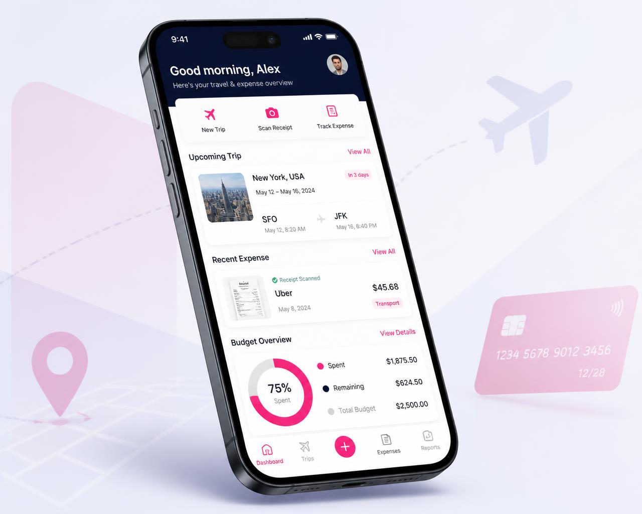 Aplicativo móvel do TRAVEL MANAGER.AI em um smartphone