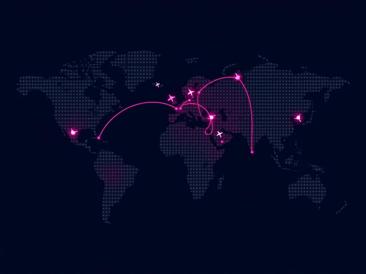 Mapa mundial con rutas aéreas conectando continentes, que representa la presencia global de TRAVEL MANAGER.AI